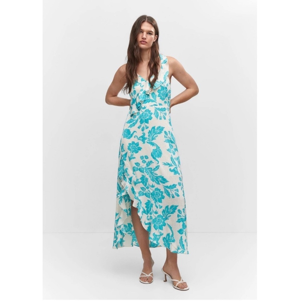 Mango Turquoise and White Print Ruffle Jacky Dress Size 6 - Picture 1 of 5